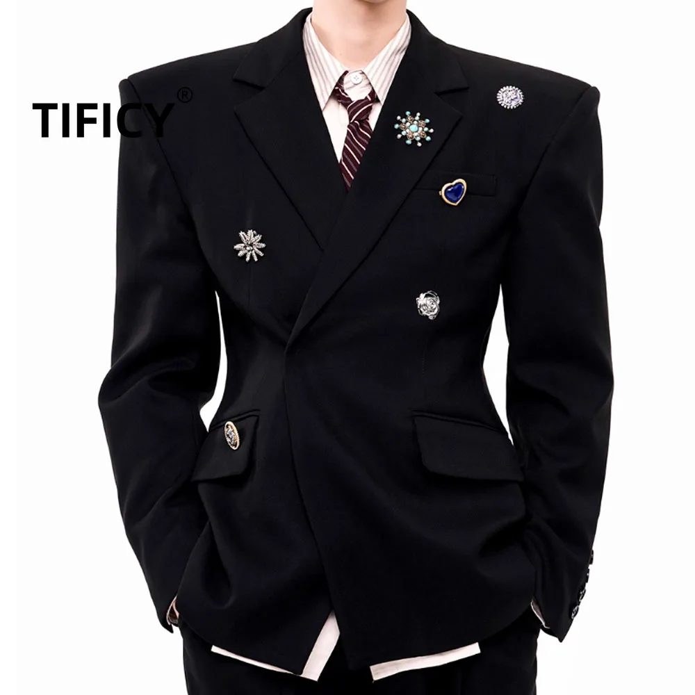 

High Street Shoulder Up Blazers Jacket Men's Autumn Light Luxury Metal Brooch Waist Cinching and Stiff Party Wool Suits