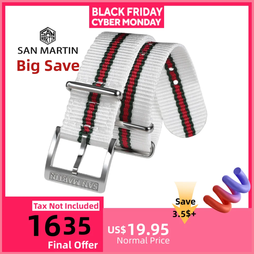 

San Martin 20 мм прочный тканый ремешок для часов нейлоновый ремешок для наручных часов в стиле милитари классический винтажный ремешок в полоску стальная пряжка BD0015