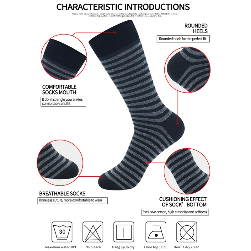 Men Large Size Fashion Business Sports Socks 1 Pairs High Quality Stripe Black Gray Comfortable Warm Cotton Socks Size EU 42-48