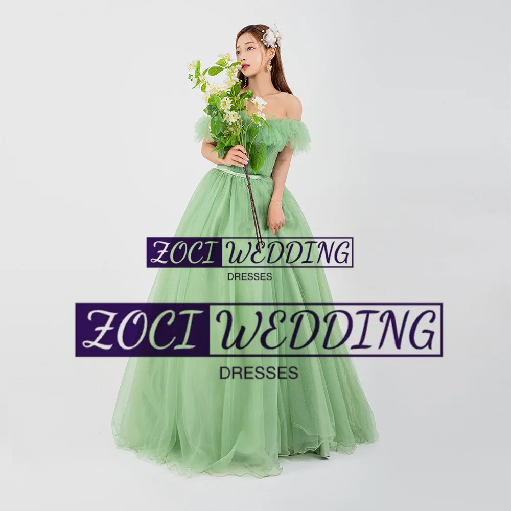 Zoci Elegant Green Korea Wedding Dresses Off Shoulder Ruffles Customized Photos Shoot Dress Belt A Line Bride Reception Dress