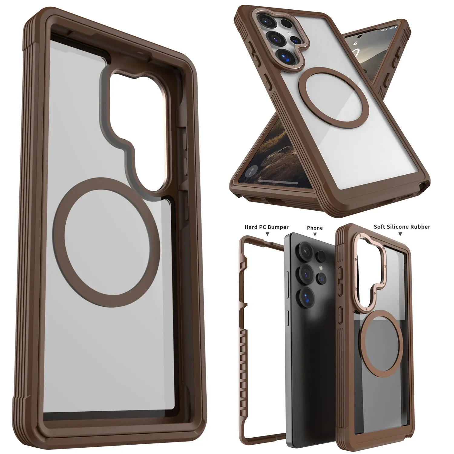 

Двухслойный магнитный противоударный прочный чехол, прозрачный/коричневый сверхпрочный чехол для Samsung Galaxy S24/S24 Plus/S24 Ultra/S24 FE