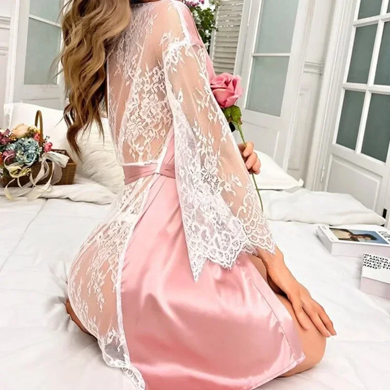 Hot Sale Sexy Underwear Lace See-through Backless Nightgown Ladies Sexy Pajamas Home Wear Tie Pajamas Robe Sleepwear Women