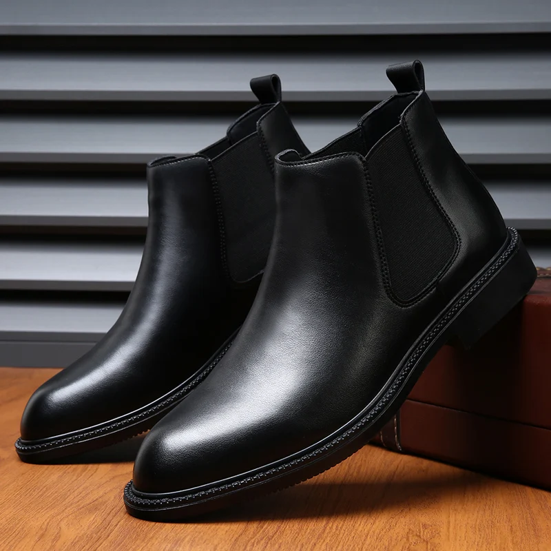 Autumn Black Business Formal Chelsea Men Boots Low Heel Pointed British Style Fashion Short Boots Wedding High Top Leather Shoes