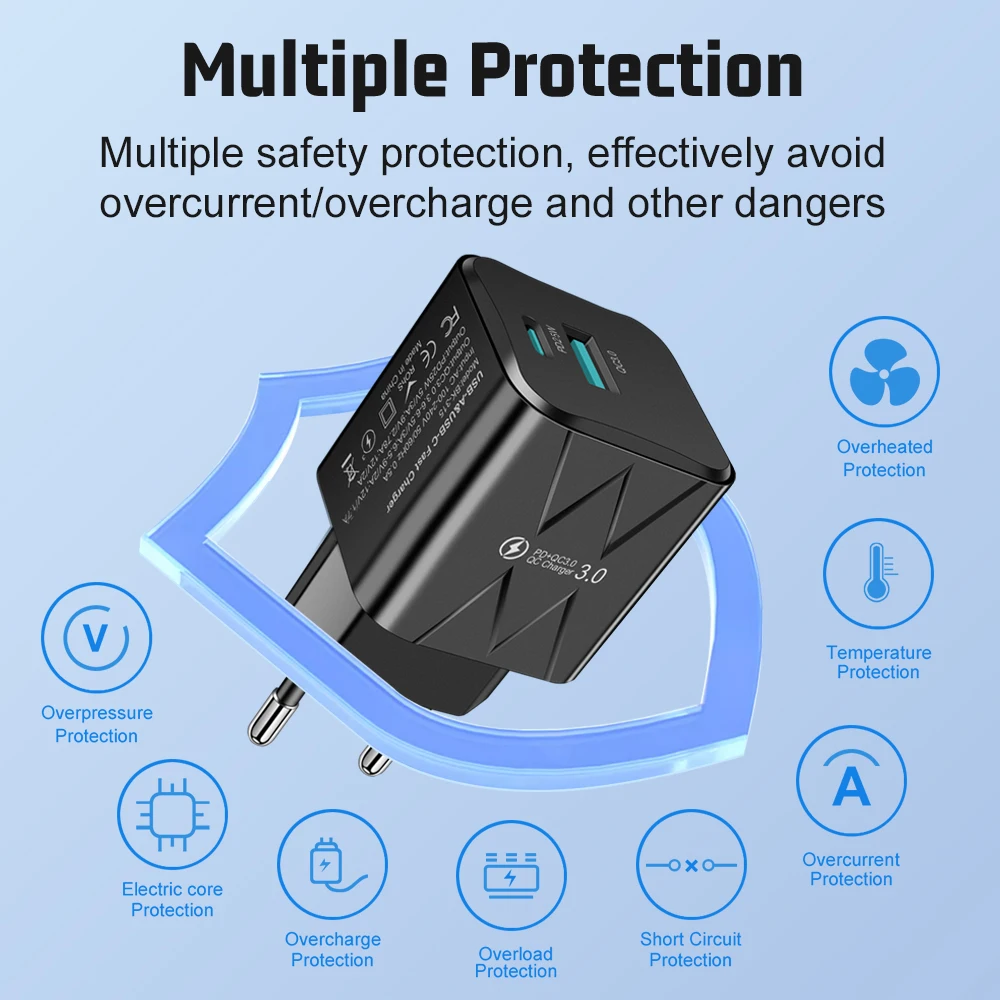 Сетевое зарядное устройство с 2 USB-портами и поддержкой быстрой зарядки, 45 Вт