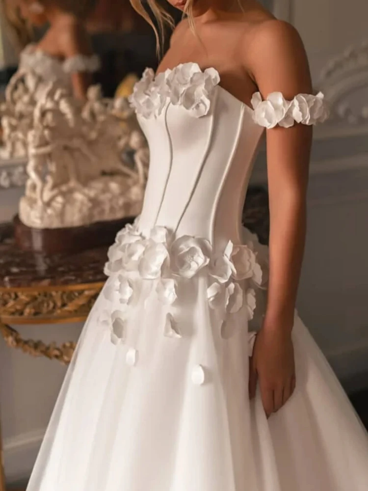 

A2440 Charming White Wedding Dress Floral A Line Floor Length Women Party Prom Special Occasion Evening Wear Vestido Customized