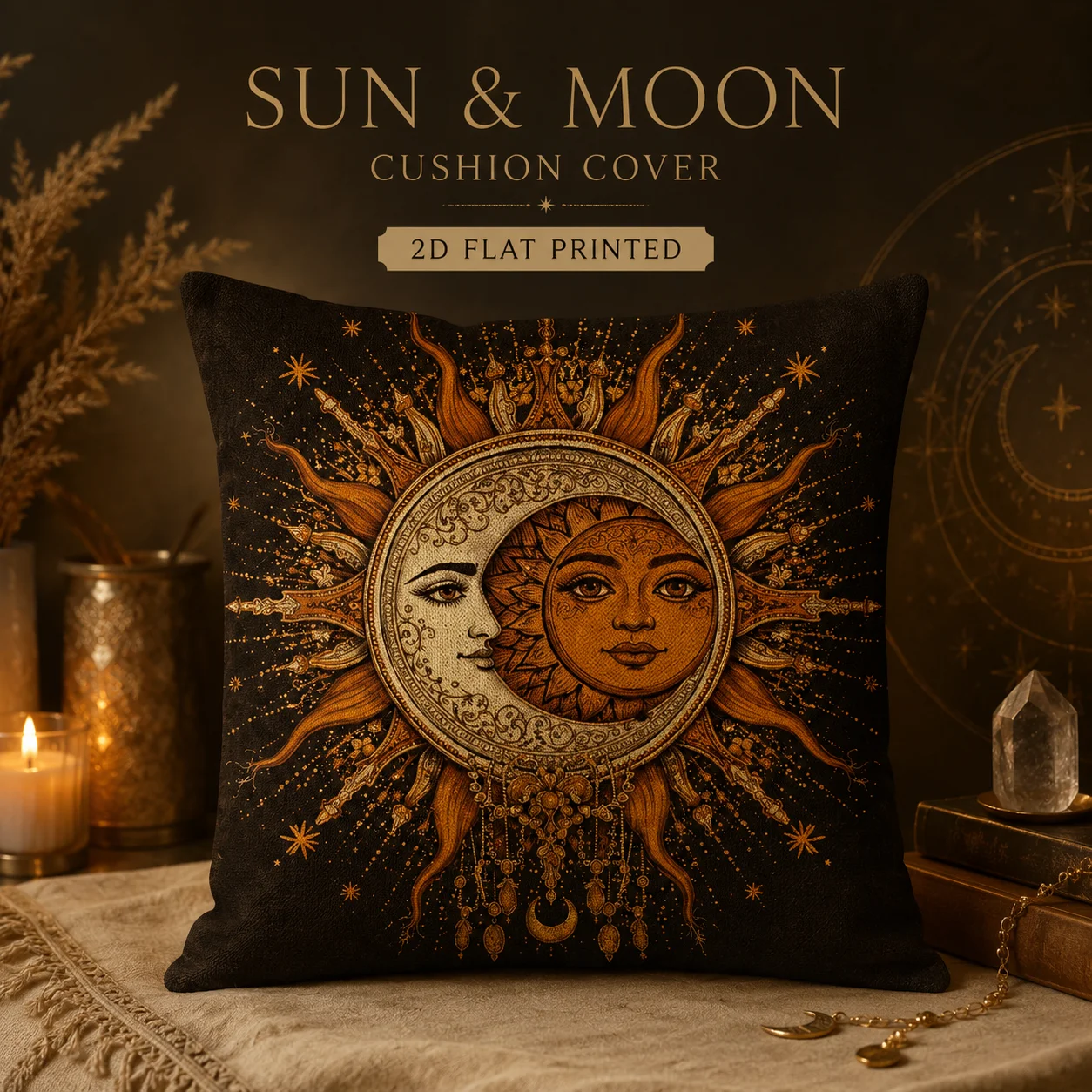 Mystical Sun Moon Pillowcase 2D Flat Printed Peach Skin Astrology Cushion Cover Gothic Tarot Throw Case For Bedroom Bed