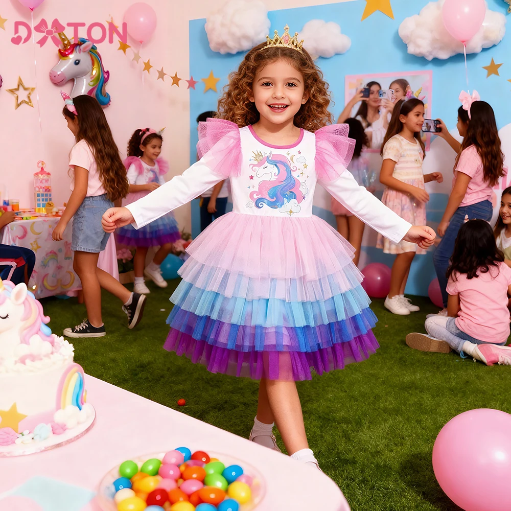 

DXTON Unicorn Toddler ClothesCotton Children Dresses Long Sleeve Ruffled Princess Cake Dress Autumn Birthday Party Girls Costume