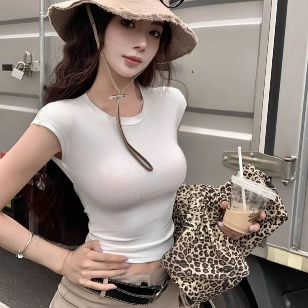 Moda Chic Backless Slim Crop Top Cross Band O Collo Gilet a maniche corte Canottiera estiva T-shirt solide Streetwear