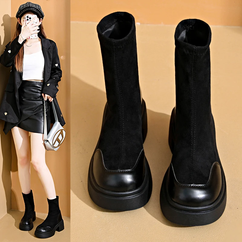 Thick and Thin Boots for Women's Autumn and Winter New Versatile Mid Length Fashion British Style Elastic Socks Boots