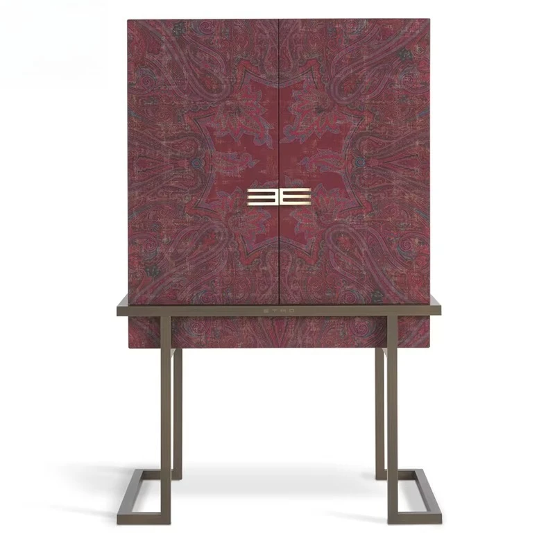 yu-Factory Custom Luxury Antique Tall Wine Storage Display Red Wooden Cabinet Stainless Steel Leg-