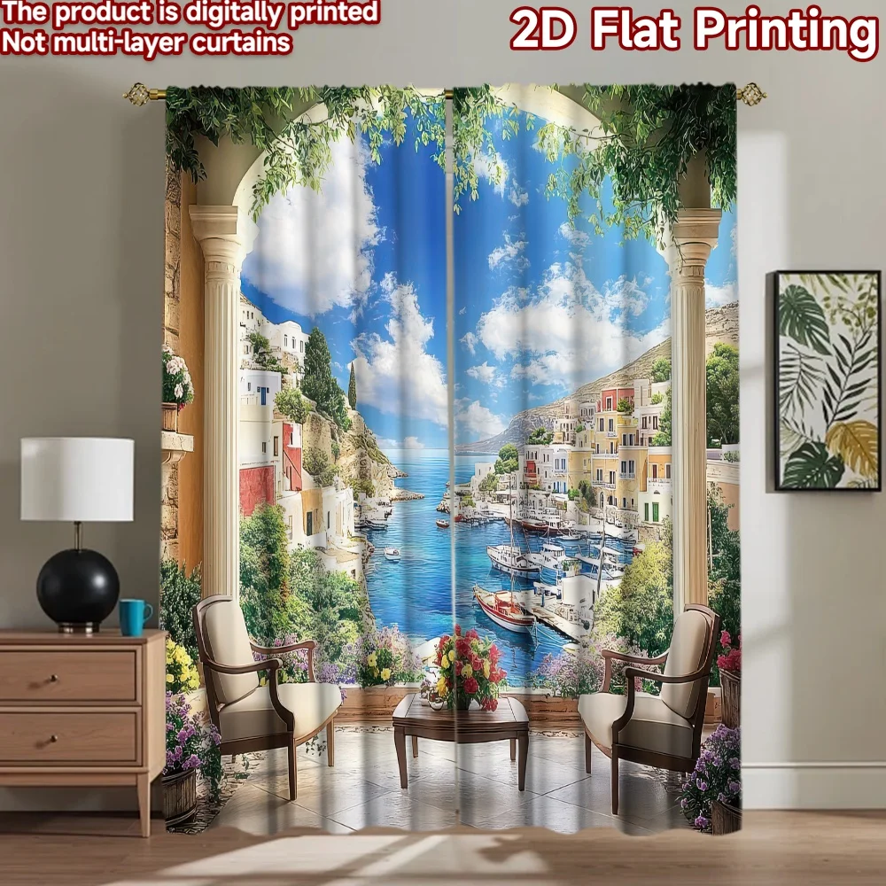 2D flat 2pcs Curtain French Romantic Style Mediterranean Harbor View Digitally printed polyester, colorfast Festive Curtains for