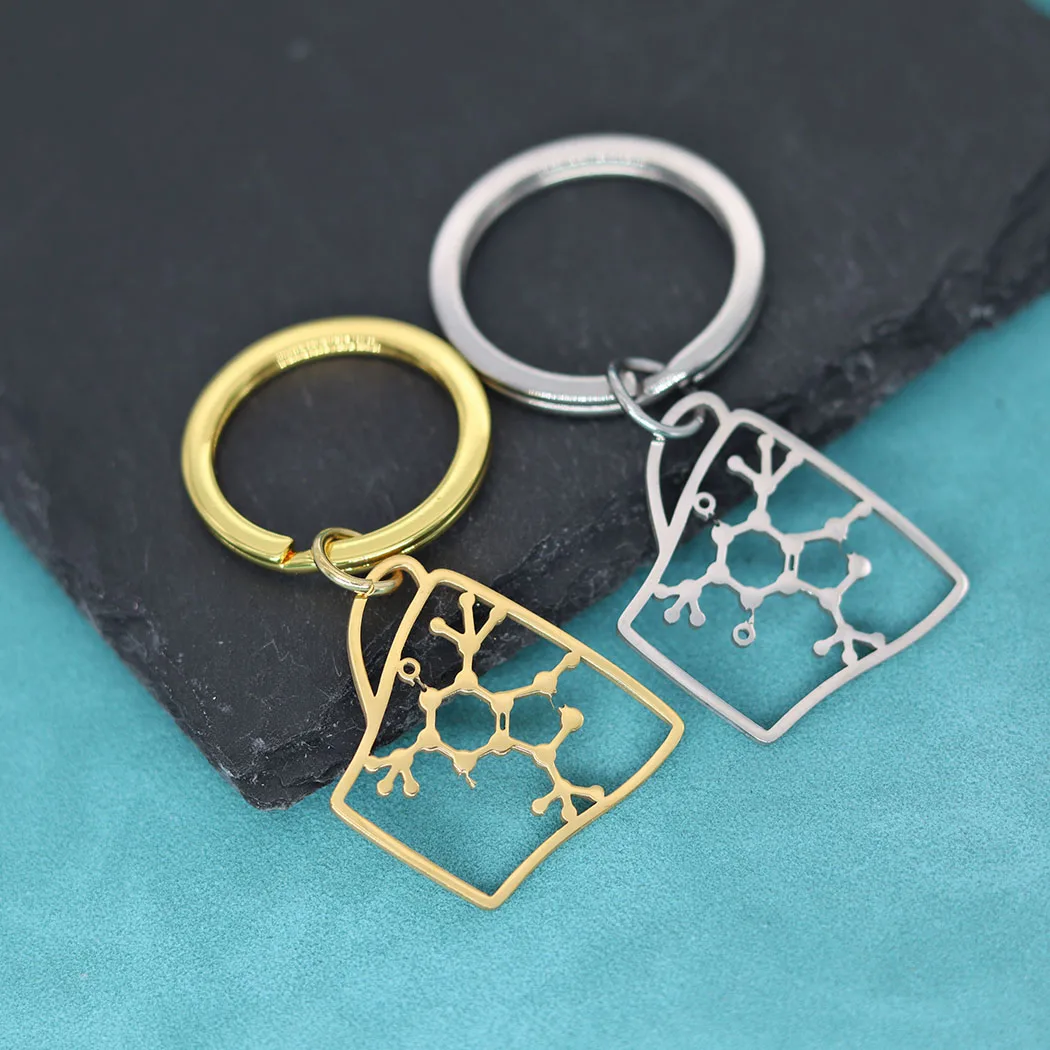 Stainless Steel Gold Plated Caffeine Molecule Coffee Cup Pendant Keychain For Men Women Chemistry Jewelry Science Gift