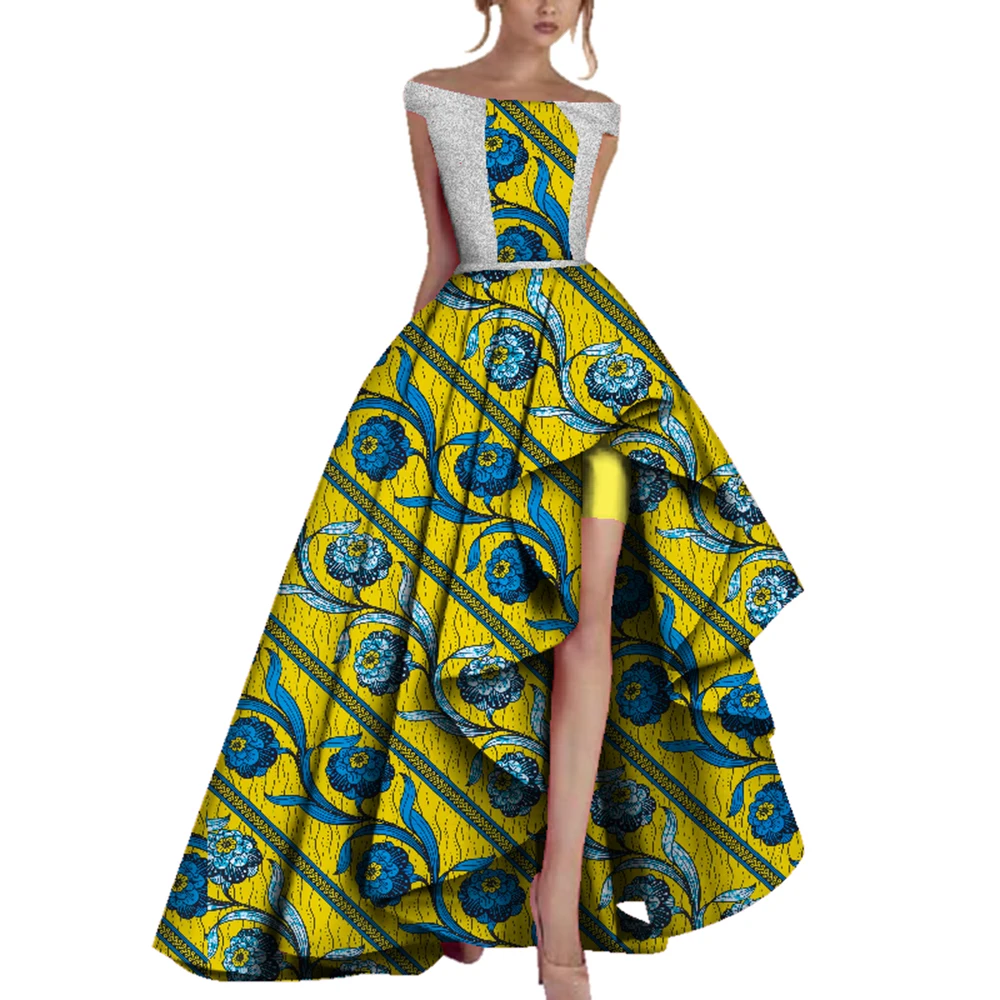 

Bintarealwax Dashiki African Dresses for Women Africa Print Off Shoulder Cap Sleeve Ruffle Hem Dress for Wedding Party WY3505