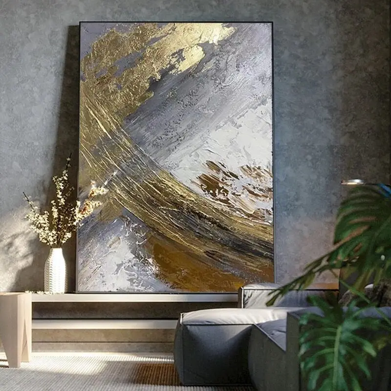 

Abstract Canvas Oil Painting, 100% Hand Drawn, Modern Minimalism, Pure Handmade Painting, Thick Texture, Gold, Silver, Black