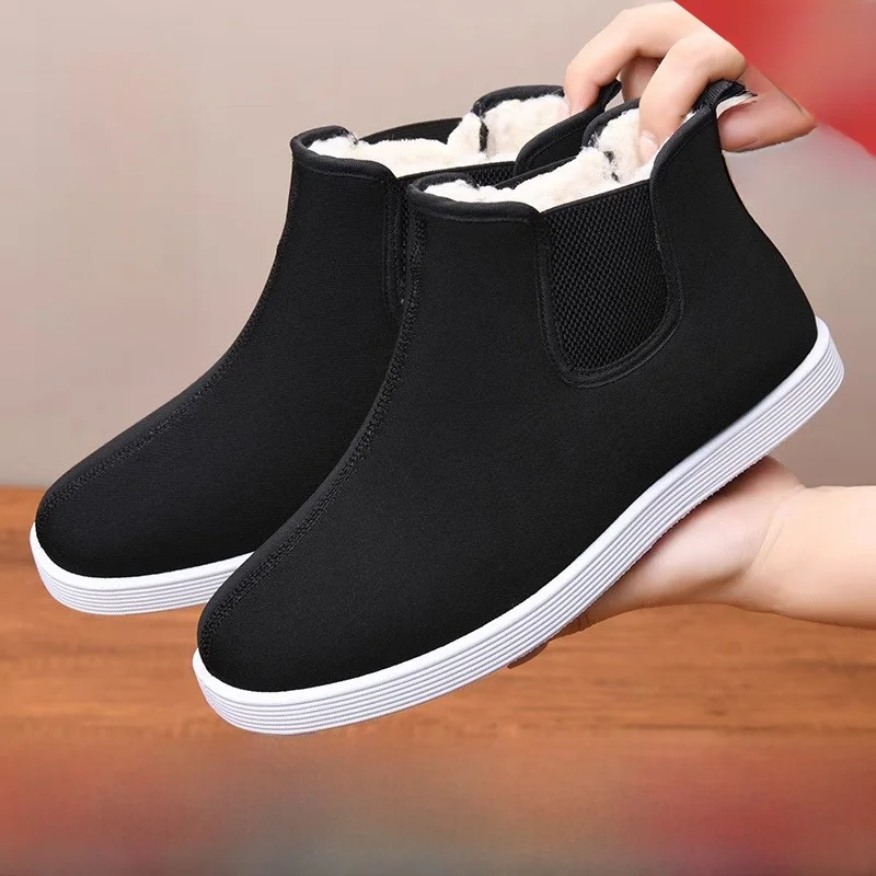 

Утепленные пушистые зимние ботинки для мужчин: традиционные пекинские тканевые сапоги с высоким голенищем, без застежек, для снега, нескользящие, теплые, хлопковые