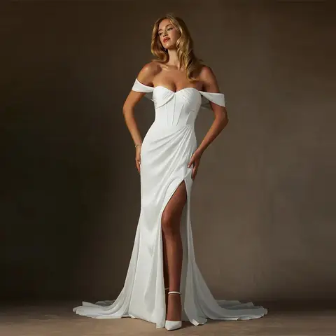 Customized Mermaid Satin Wedding Dresses Off The Shoulder Open Back High-Slit Women Boho Customize Bridal Gowns Robe for 2026