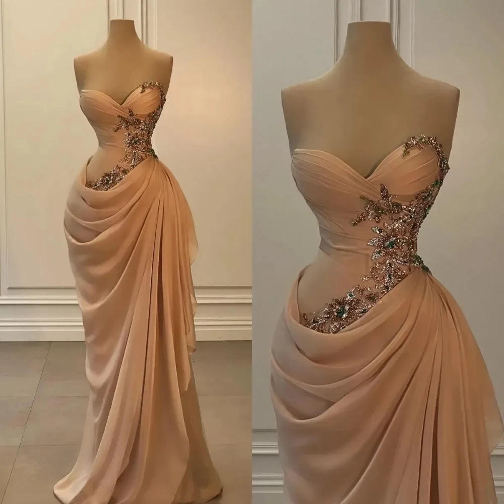 

Sexy Long Prom Dresses Mermaid Chiffon Pleats Crystal Beaded Sweetheart Neck Prom Gowns Floor Length Party Dress Customized