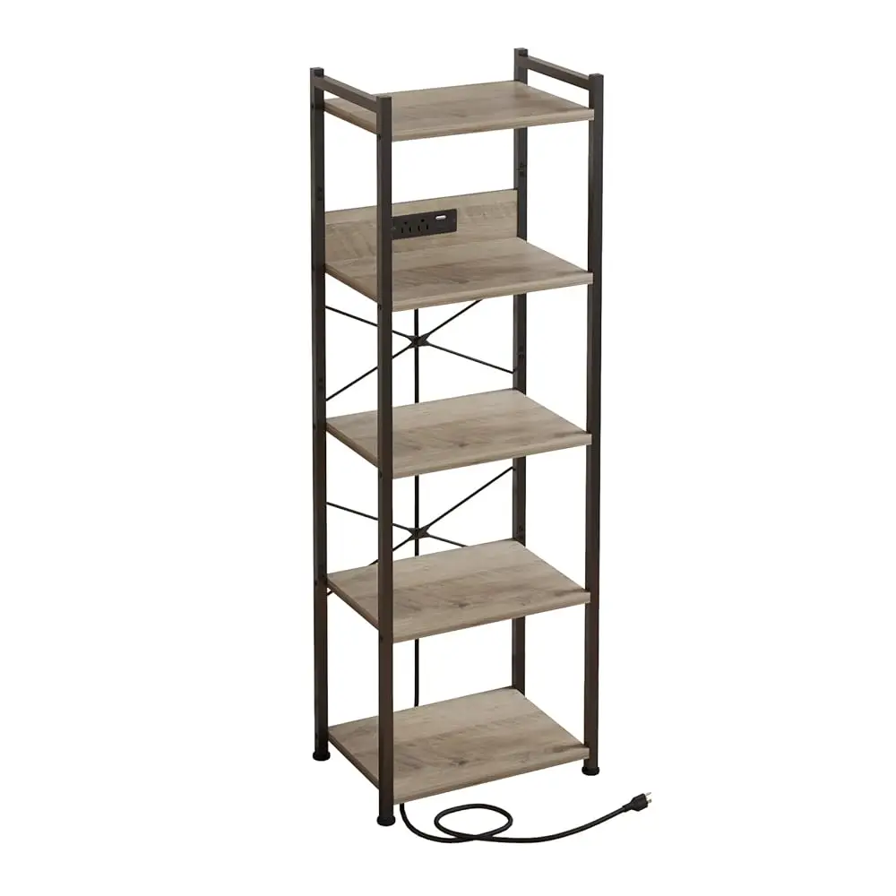 

5 Tier Bookcase With Charging Station, Small Bookshelf Industrial Bookcase Storage Shelf, Boocase Organizer For Cd/Movie/Book