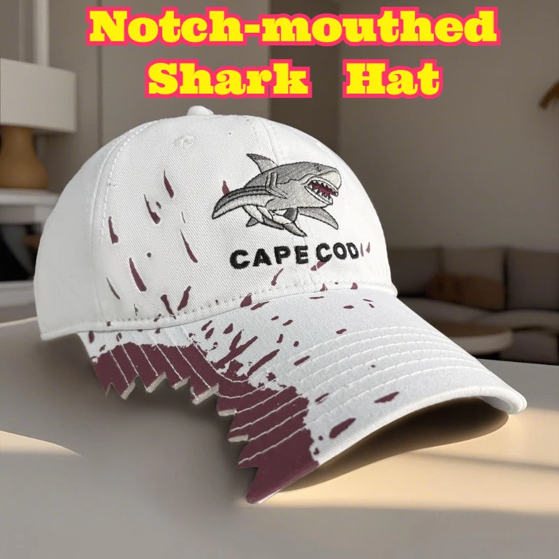 Shark Embroidered Notch Baseball Cap Distressed Trendy Streetwear Sun Hat Outdoor Sun Protection Breathable Lightweight Unique