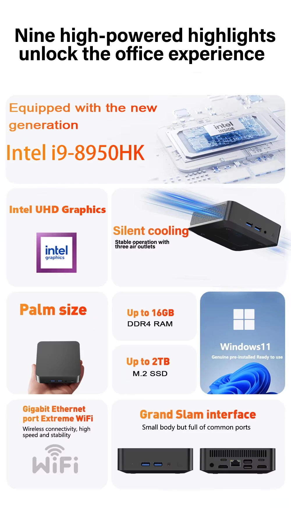 كور i9 8950HK كمبيوتر صغير محمول يعمل بنظام التشغيل Windows 11 16GB 1/2TB SSD كمبيوتر ألعاب واي فاي 6 USB مكتب كمبيوتر مكتبي صغير
