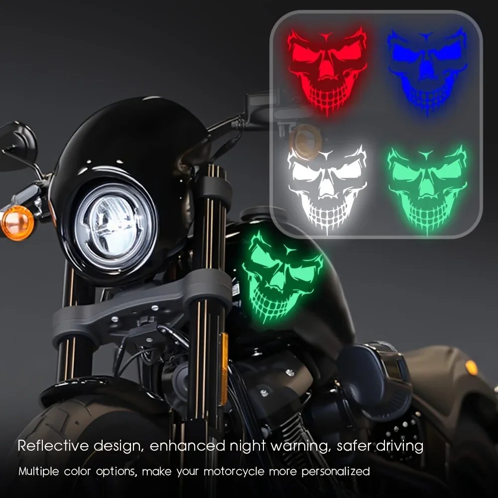 2PCS/SET Reflective Skull Motorcycle Sticker, Multi-Color Edgy Design Decal for Vehicle Exterior, Enhanced Night Safety