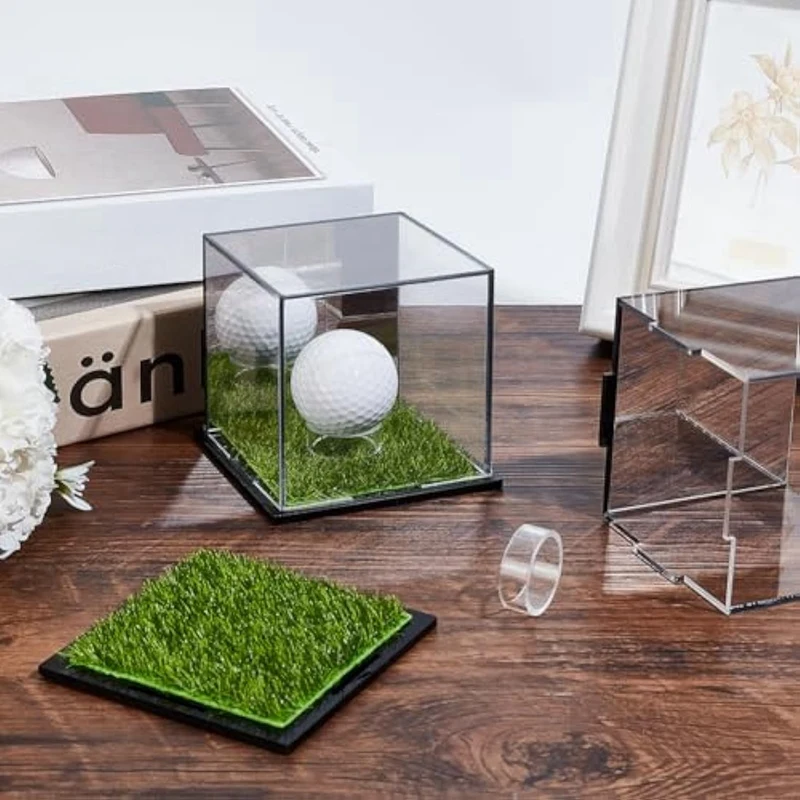 Collector’S Golf Display Stand, Square Transparent Acrylic Box With A Green Base