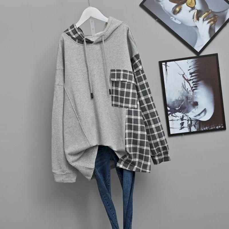 Hooded Pullovers Fake Two Pieces Patchwork Casual Oversized Korean Style Long Sleeve Streetwear Women Autumn Aesthetic Clothes