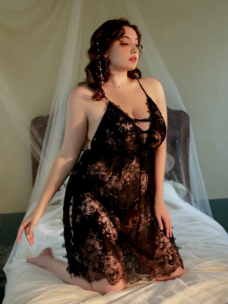 Yjq suspender large size pajamas women's transparent lace nightdress set