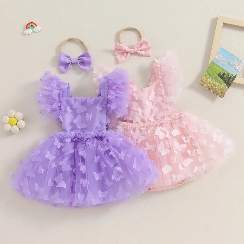 

Infant Baby Girls Summer Bodysuit Dress 3D Butterfly Flying Sleeve Square Neck Tulle Jumpsuit with Headband