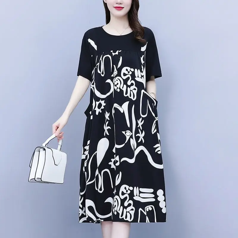 High End Oversized Fashionable Printed Patchwork Dress for Women's Summer New Casual Loose Belly Covering Slimming Long Skirt