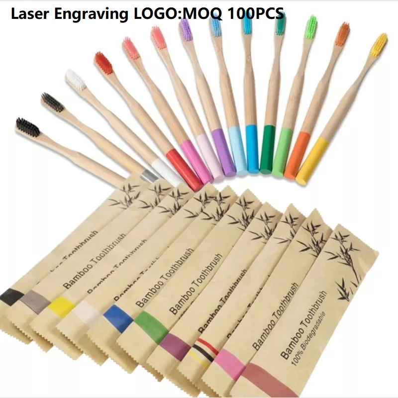 100 Pcs Customized Laser Engraving Logo Bamboo Toothbrushes Portable Eco Friendly Wooden Tooth Brush for Adults Children