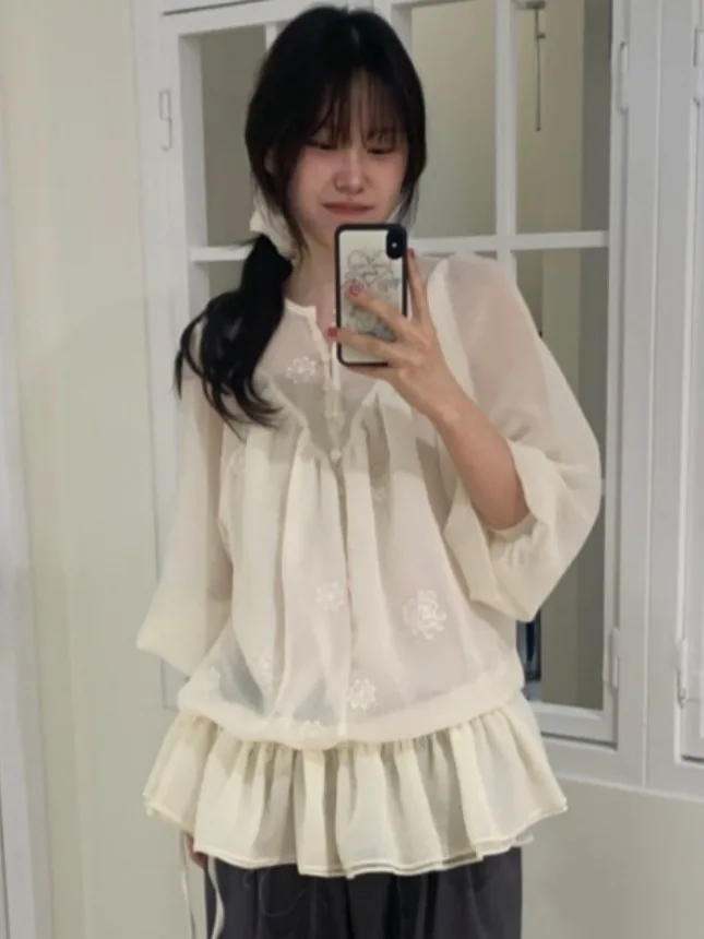 

Женская блузка Ele Lady's с длинным рукавом из шифона, с декоративным подолом, нежной цветочной вышивкой, винтажная, премиум-качества