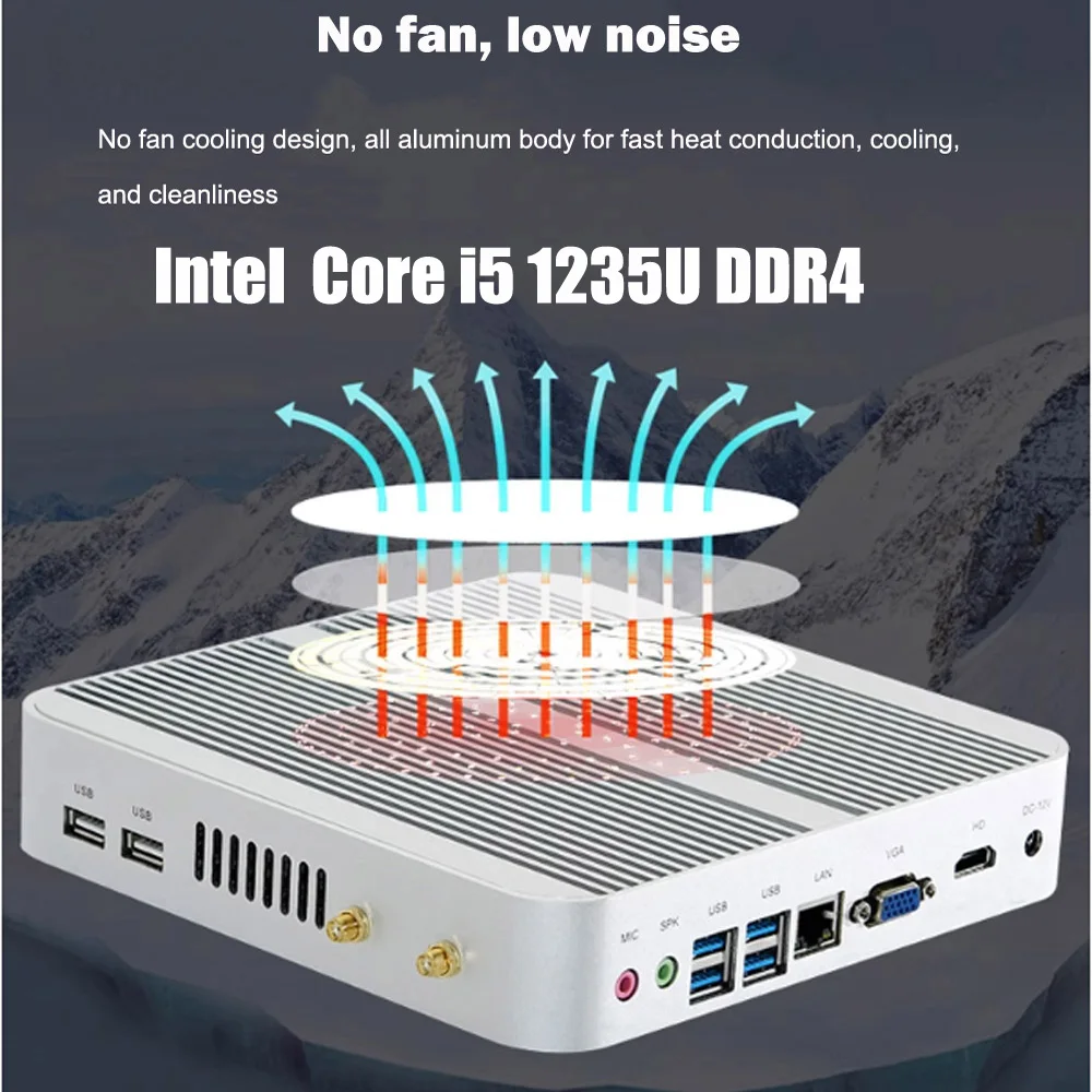 Escritório fanless mini pc 12 intel 12th i5 1235u 10 núcleos lris xe gráficos 32g ddr4 3200mhz wifi6 ii 11 i5-1135G7 computador desktop