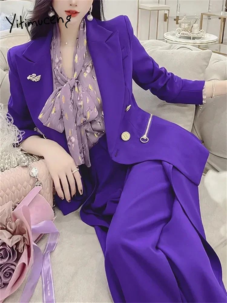 Yitimuceng Purple Women Suits Office Sets 2023 New Fashion Long Sleeve Double Breasted Blazers Casual High Waist Chic Pant Suits