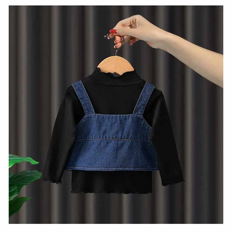 ZOETOPKID New Girls Denim Strappy Sets Baby Fashion Casual Suit Spring Autumn Children's Long-Sleeved Sweet Three-Piece Sets