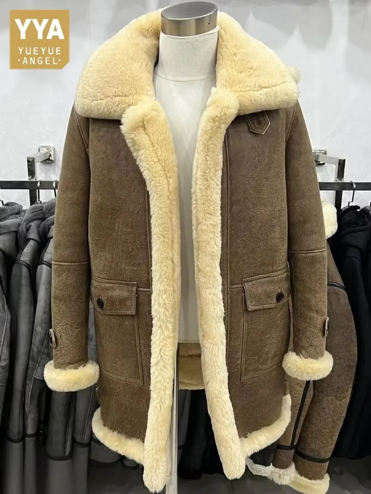 

Business Casual Style Solid Color Male Long Sleeves Hooded Real Fur Single-Breasted Pocket Handmade Sheepskin Fur Overcoat