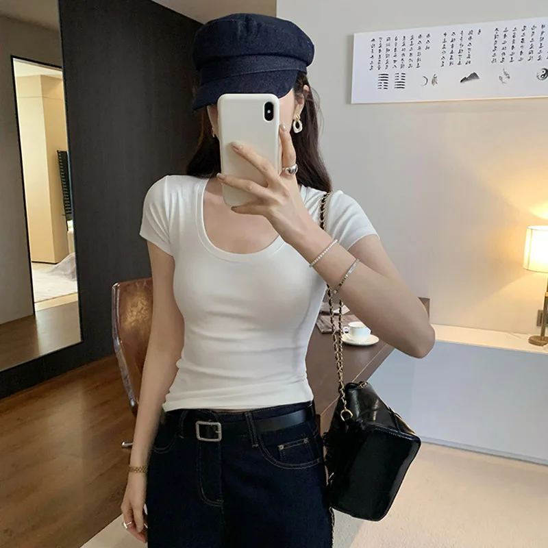 تي شيرت قطني غير رسمي صيفي لعام 2025 للنساء تي شيرت بأكمام قصيرة ملابس نسائية عصرية ضيقة أساسية برقبة دائرية Y2K تي شيرت نسائي #4