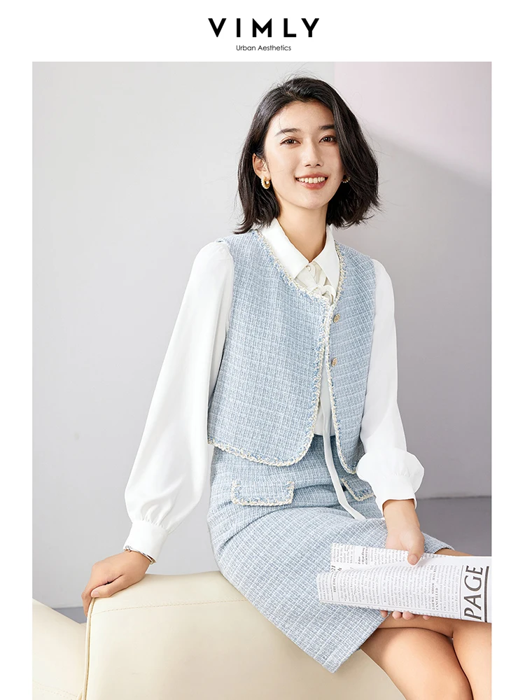 Vimly 3 Piece Tweed Sets Women\'s Outfits Autumn/Spring White Chiffon Ribbon Shirt Waistcoat Skirt Set Lady Matching Set M2808