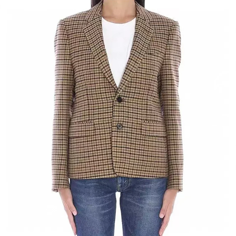 Dames Britse stijl Thousand Bird geruit pak, mode retro elegante jas, hoogwaardige wolmix top, lente, nieuw, y2k