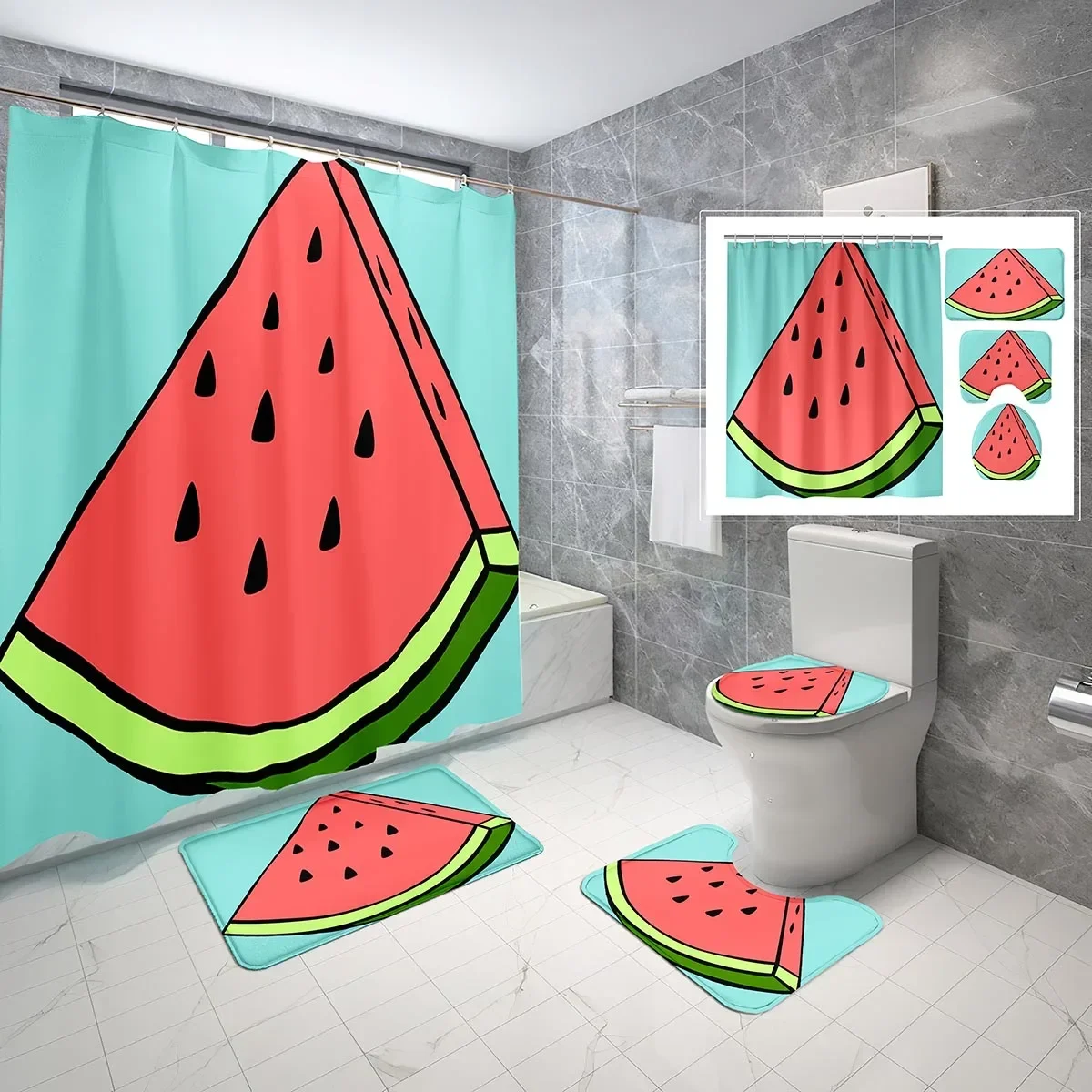 

4 Pcs Cartoon Fruit Shower Curtain Sets with Toilet Lid Cover and Non-slip Bath Mat Watermelon Waterproof Shower Curtain Set