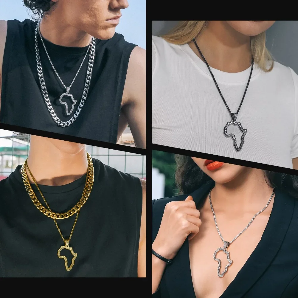 Trendy 18K Gold Plated Africa Map Pendant Necklaces for Men Women with 22inch Link Chain Country Map Jewelry