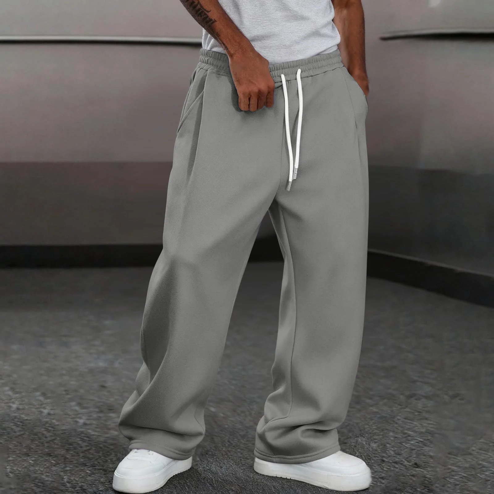 

Men'S Autumn And Winter Velvet Outdoor Sports Pants Loose Straight Leg Pants Elastic Waist Drawstring Sweatpants Jogging Pants