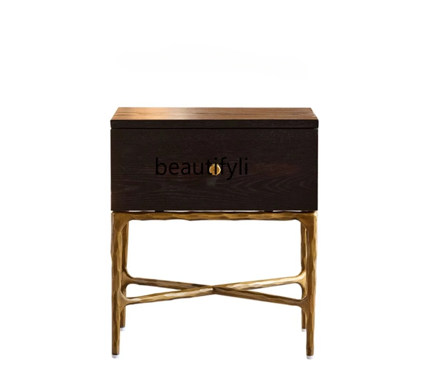 

Light luxury modern simple forged wrought iron bedside table retro old oak storage side cabinet