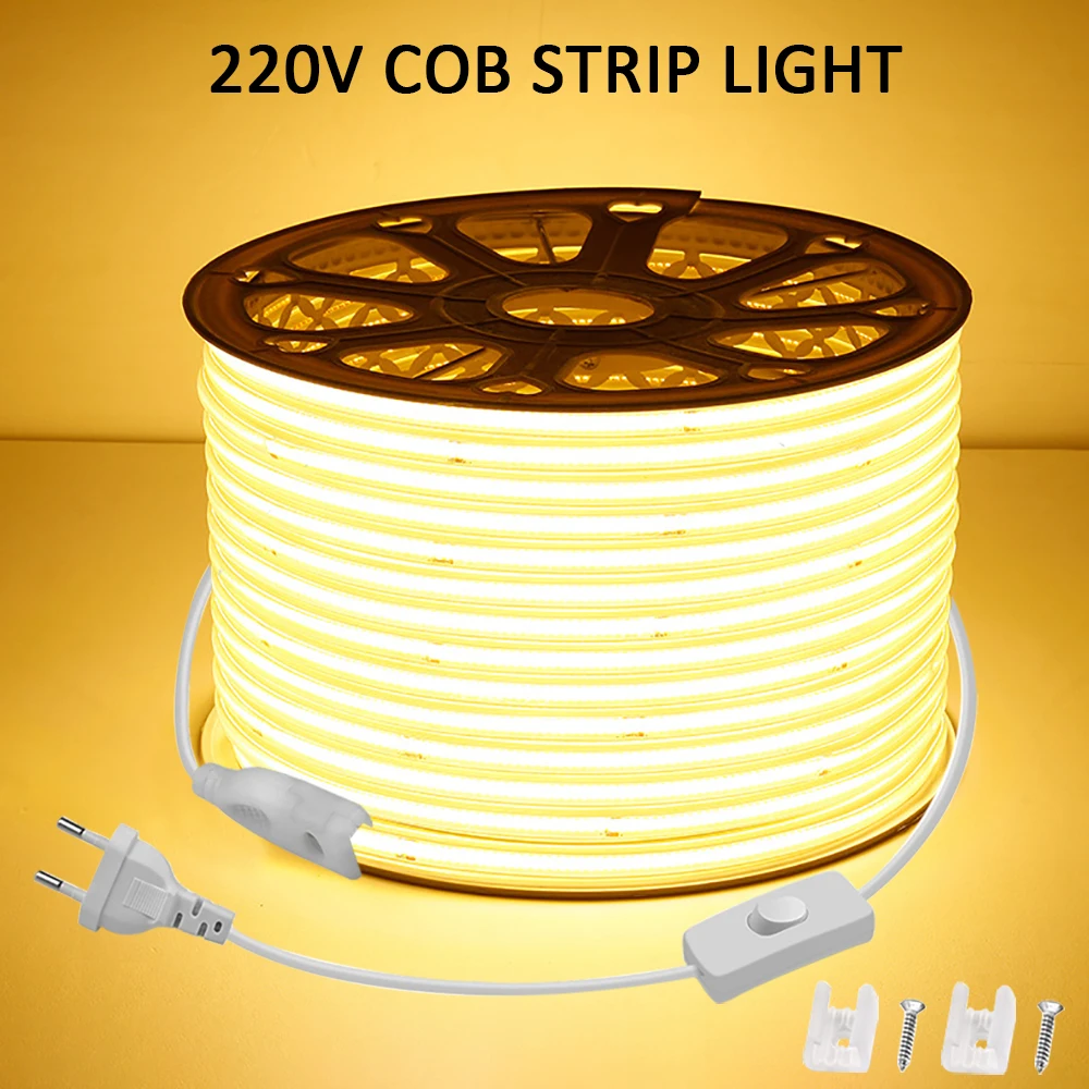 High Brightness 220V COB LED Strip Light Waterproof Flexible Ribbon LED Tape Light for Bedroom Kitchen Outdoor Lighting