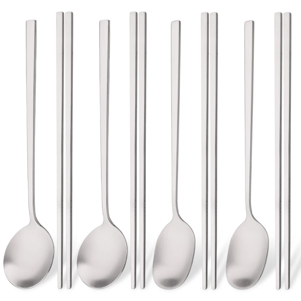 Korean 8Pcs/Set Tableware Set High Quality Stainless Steel Matte Dinner Set Dinnerware Spoon Chopsticks Flatware Cutlery Set