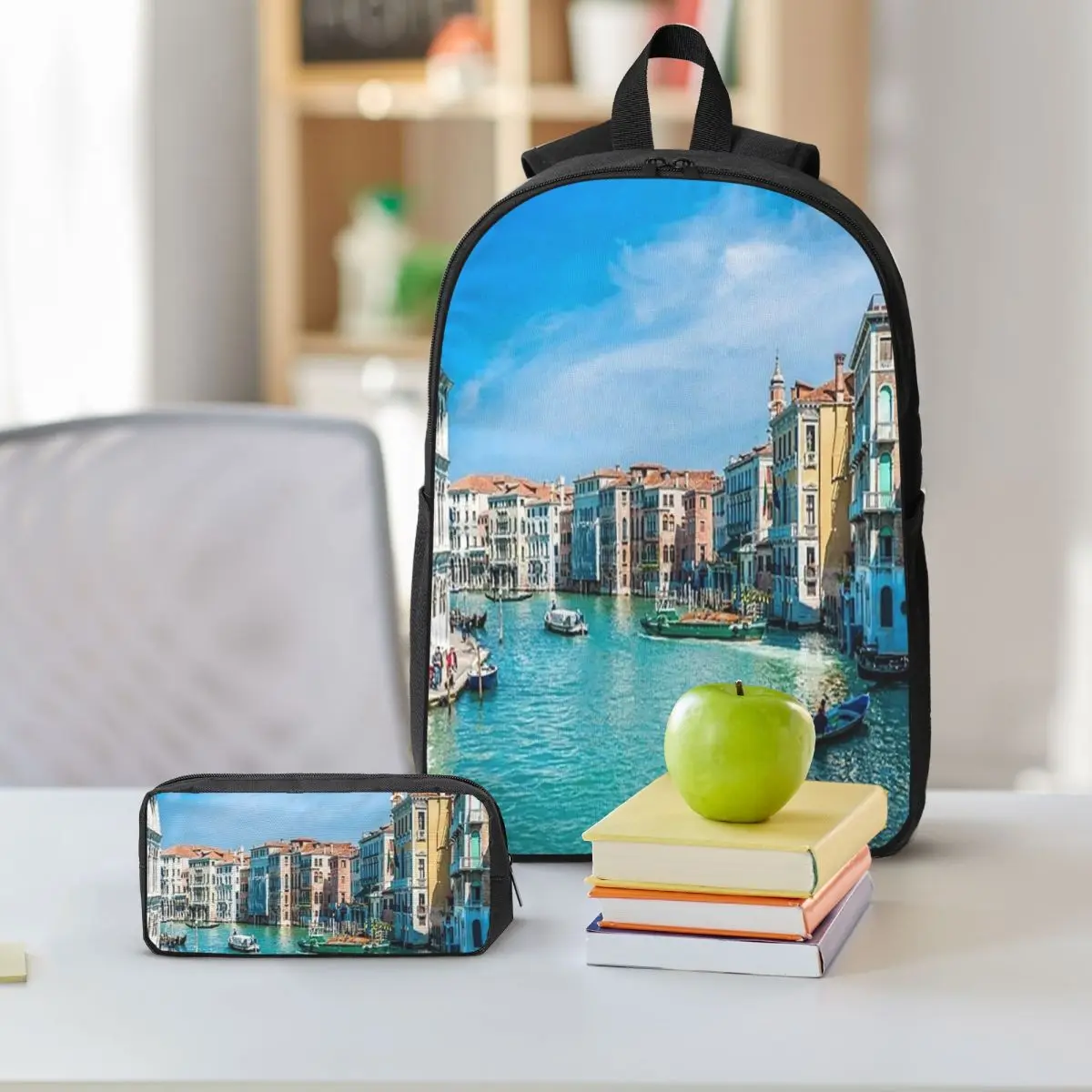Venice Canal Italy Landscape Backpack Student BookBag School Bag Shoulder Bags 3ps Insulated Lunch Bag Pencil Case