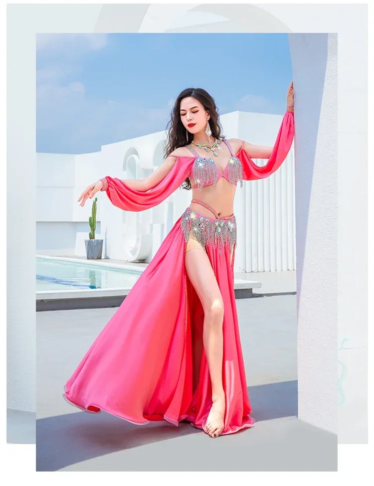 Candy Color Women Egyptian Dance Competition Belly Dance Satin Costume Oriental Dance Rhinestone Beaded Bra Belt Maxi Skirt