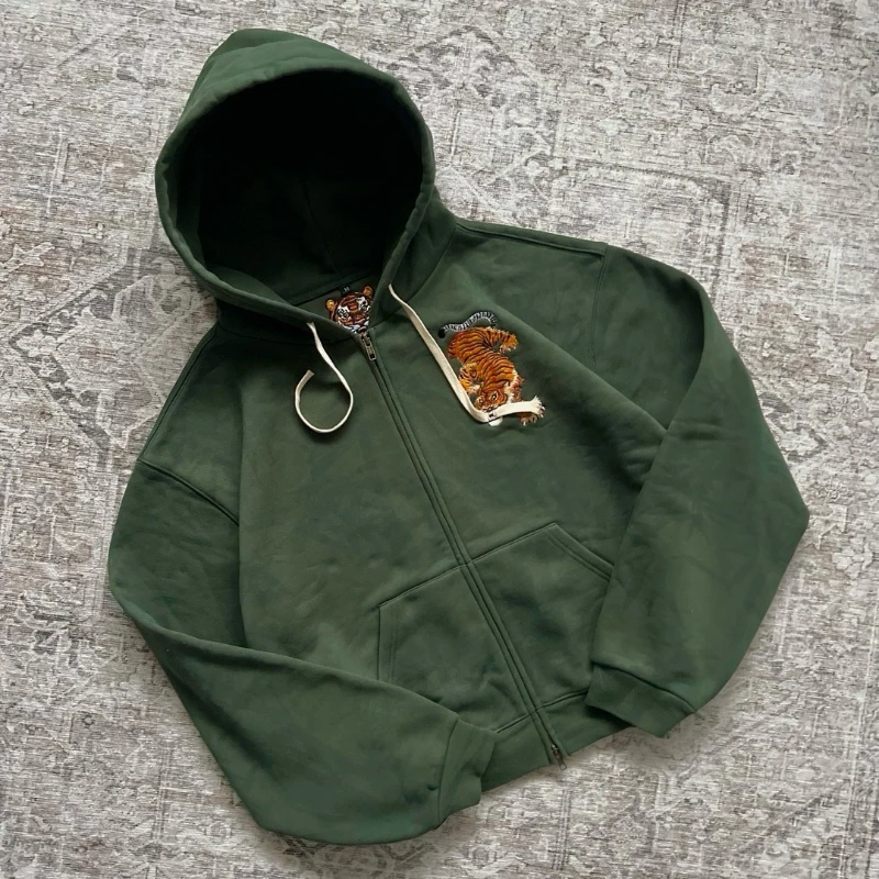2026 Amerikanischer Mode-Casual-Hoodie Unisex Y2K Retro-Hoodie mit Tigermaul-Stickerei Doppelreißverschluss Harajuku-Sweatshirt – Detail 4