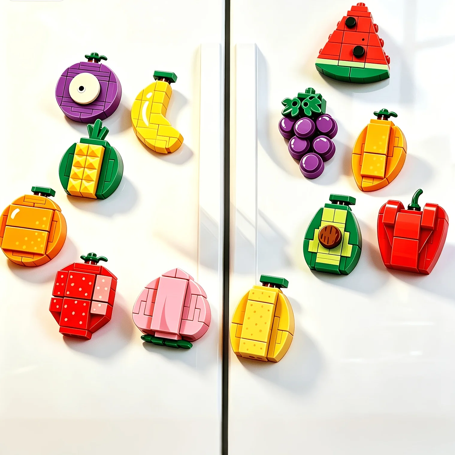 12 Cartoon Fruit Magnetic Refrigerator Magnets, with Exquisite and Realistic Designs, Creative DIY Assembly, Including Watermelon, Grape, Mango, Strawberry, Peach, Mangosteen, Pineapple, Avocado, Banana, Orange, Pear, Apple, Twelve Types of Fruit Refrigerator Magnets, Stimulating Children's Desire for Exploration, Enhancing Fine Motor Skills and Thinking Ability, Made of Durable Abs Material, Perfect Gift for Birthdays, Christmas, Halloween, and New Year