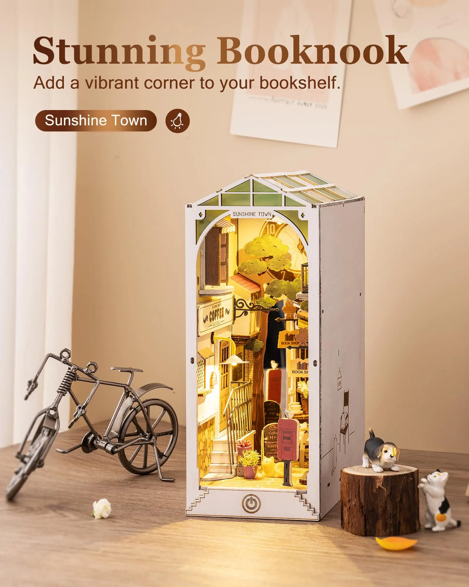 Rolife DIY 3D Wooden Book Nook Puzzle Kit with LED Bookend Diorama Miniature Bookshelf Set Ideal Gift for Adults And Teens